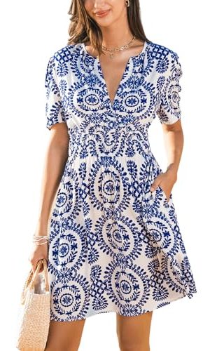 Womens Summer Dresses 2025 V Neck Short Sleeve Flowy A-line Beach Vacation Dress with Pockets