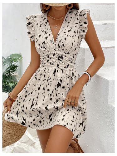 Women's Ruffle Cap Sleeve Ruched Summer Dress V Neck A Line Mini Sun Dresses