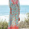 Women's Plunging V Neck Paisley Boho Backless Beach Dress Blouson Sleeve Back Tie Waist Tie Maxi Summer Dresses