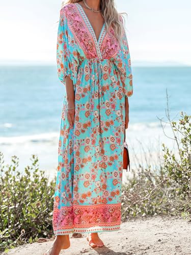 Women's Plunging V Neck Paisley Boho Backless Beach Dress Blouson Sleeve Back Tie Waist Tie Maxi Summer Dresses