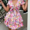 Women Summer Mini Short Dress 2025 Short Sleeve Casual Beach Vacation Sundress V Neck Tiered Sun Dresses
