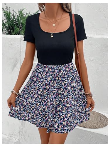 Women's Elegant Floral Dresses Scoop Neck Short Sleeve Short Dress for Women 2025