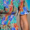 Women's Off The Shoulder Ruffled Short Sleeve Smocked Paisley Beach Midi Dress
