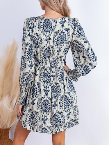 Women's Mini Dress Smocked V Neck Long Sleeve Empire Waist Casual A Line Dress