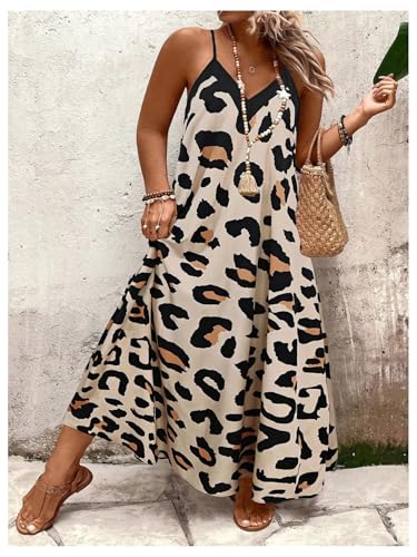 Women's Plus Size Leopard Print Sleeveless Loose Flowy Maxi Cami Dress Summer Going Out Outfits