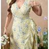 Women's Plus Size Floral Print A Line Midi Dress Cap Sleeve Wrap Ruffle Boho Summer Dresses