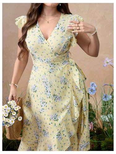 Women's Plus Size Floral Print A Line Midi Dress Cap Sleeve Wrap Ruffle Boho Summer Dresses