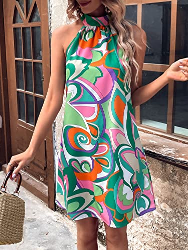 Women's Floral Print Tunic Dress Criss Cross Sleeveless Halter Summer Short Dresses