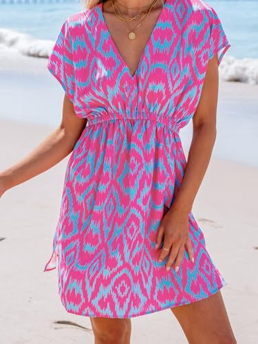 Women's Swimsuit Coverup Casual V Neck Beach Dress Short Sleeve Elastic Waist Swimwear Cover Ups 2025 Beachwear