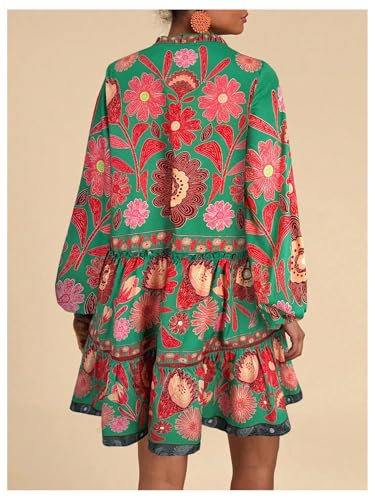 Women's Floral Print Summer Short Dresses Boho Beach Long Sleeve Button Down Flowy Smock Dress