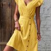 Women's Sleeveless Ruffle Trim V Neck Wrap Dress Button Front A Line Knee Length Dresses