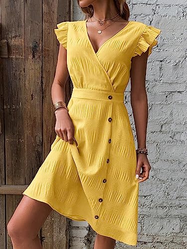 Women's Sleeveless Ruffle Trim V Neck Wrap Dress Button Front A Line Knee Length Dresses