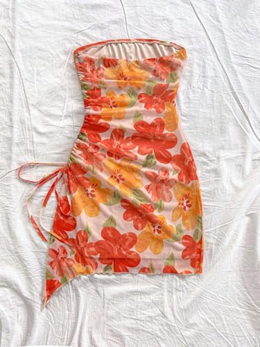 Women's Floral Strapless Mini Dresses Summer Beach Vacation Short Bandeau Bodycon Dress