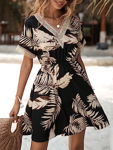 Women's Floral Print Short Sleeve V Neck Dress Casual Summer Lace Trim A Line Short Dresses