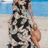 Women's Plunging V Neck Dress Tropical Leaves Print Dresses Short Sleeve Split Hem Maxi Dress