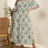 Women's Plus Size Casual Summer Midi Dress Square Neck Short Sleeves Smocked Waist with Pockets