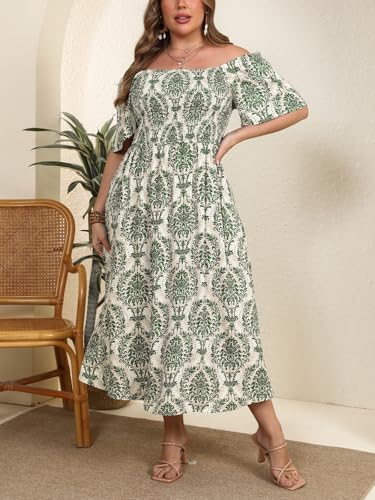 Women's Plus Size Casual Summer Midi Dress Square Neck Short Sleeves Smocked Waist with Pockets
