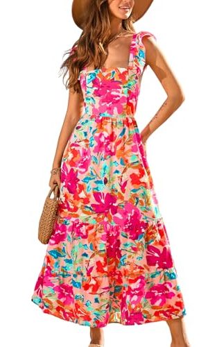 Women's Floral Square Neck Sleeveless Ruffle Trim Backless Tie Twisted Summer Beach Maxi Dress