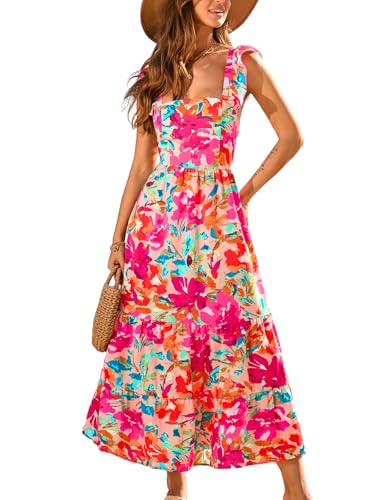Women's Floral Square Neck Sleeveless Ruffle Trim Backless Tie Twisted Summer Beach Maxi Dress