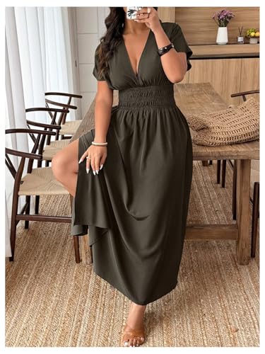 Women's Plus Size Deep V Neck Maxi Dress Short Sleeve Split Hem Flowy Summer Dresses