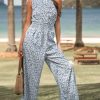 Women Floral Summer Maxi Jumpsuit with Pocket Mock Neck Elastic Waist Wide Leg Business Wedding Casual Holiday Dressy