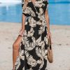 Women's Plunging V Neck Dress Tropical Leaves Print Dresses Short Sleeve Split Hem Maxi Dress