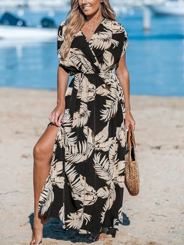 Women's Plunging V Neck Dress Tropical Leaves Print Dresses Short Sleeve Split Hem Maxi Dress