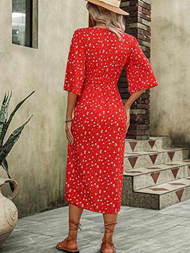 Women's Half Sleeve Floral Print Wrap Dress Boho V Neck Flowy A Line Midi Dresses