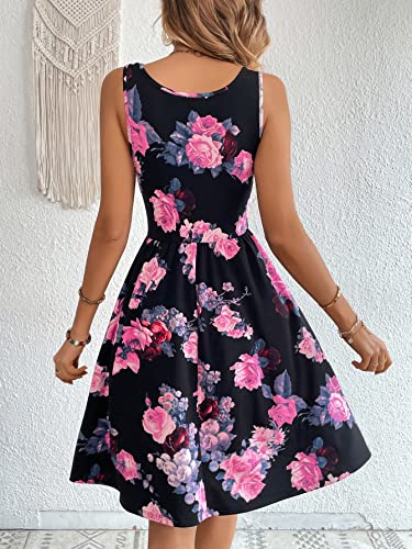 Women's Boho Floral Print Scoop Neck Tank Dress Summer Ruffle A Line Knee Length Dresses