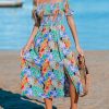 Women's Off The Shoulder Ruffled Short Sleeve Smocked Paisley Beach Midi Dress