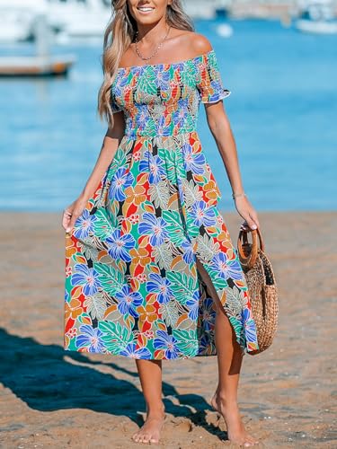 Women's Off The Shoulder Ruffled Short Sleeve Smocked Paisley Beach Midi Dress