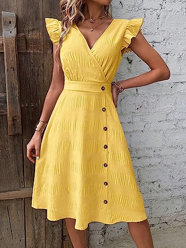 Women's Sleeveless Ruffle Trim V Neck Wrap Dress Button Front A Line Knee Length Dresses