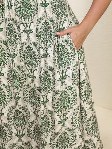 Women's Plus Size Casual Summer Midi Dress Square Neck Short Sleeves Smocked Waist with Pockets