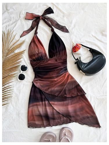 Women's Plus Size Sundresses Vintage Ombre Halter Deep V Neck Bodycon Summer Mini Dress
