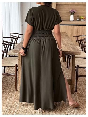 Women's Plus Size Deep V Neck Maxi Dress Short Sleeve Split Hem Flowy Summer Dresses