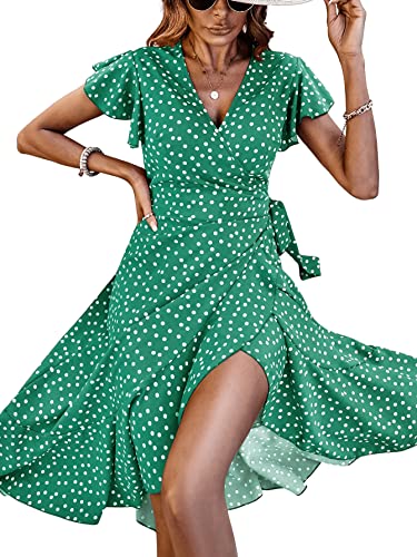 Women's Polka Dots Short Sleeve V Neck Wrap Dress Tie Side Ruffle Midi Dresses