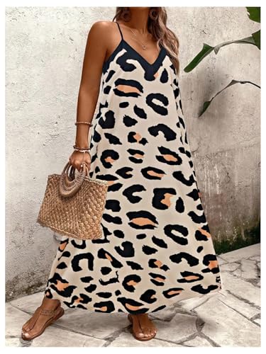 Women's Plus Size Leopard Print Sleeveless Loose Flowy Maxi Cami Dress Summer Going Out Outfits