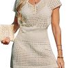 Women Crochet Swim Cover Up Short Sleeve V Neck Bathing Suit Beach Dress Summer Swimwear Coverups