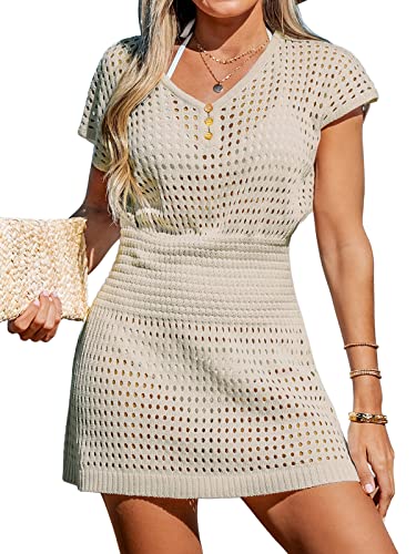 Women Crochet Swim Cover Up Short Sleeve V Neck Bathing Suit Beach Dress Summer Swimwear Coverups
