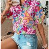 Women's Floral Print Button Down Blouse Ruffle Short Puff Sleeve Boho Tops