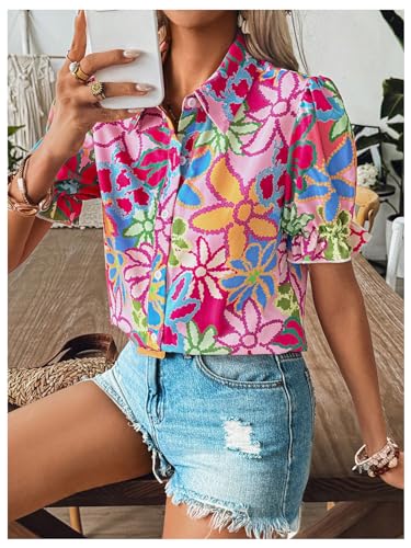 Women's Floral Print Button Down Blouse Ruffle Short Puff Sleeve Boho Tops