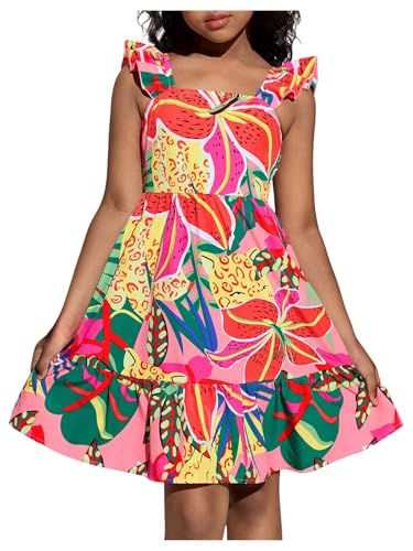 Girl's Summer Dresses Square Neck Ruffle Sleeveless Vacation Short Flared Dress