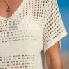 Women Crochet Swimsuit Cover Up Short Sleeve Beach Dress V Neck Bathing Suit Coverups for Beach Swimwear