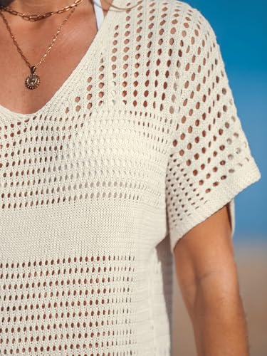 Women Crochet Swimsuit Cover Up Short Sleeve Beach Dress V Neck Bathing Suit Coverups for Beach Swimwear