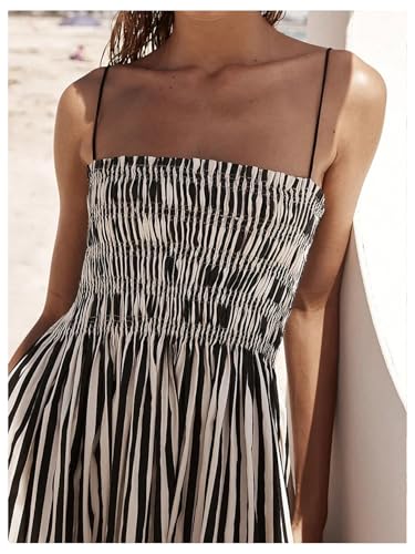 Women's Summer Striped Maxi Dress Spaghetti Strap Shirred A Line Flowy Long Cami Dresses Sundress with Pockets