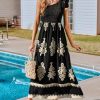 Women's Smocked One Shoulder Summer Dresses Sleeveless Vacation Maxi Dress Long Beach Sundress