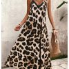 Women's Leopard Print Maxi Dress V Neck Spaghetti Strap Flowy Long Vacation Summer Dresses