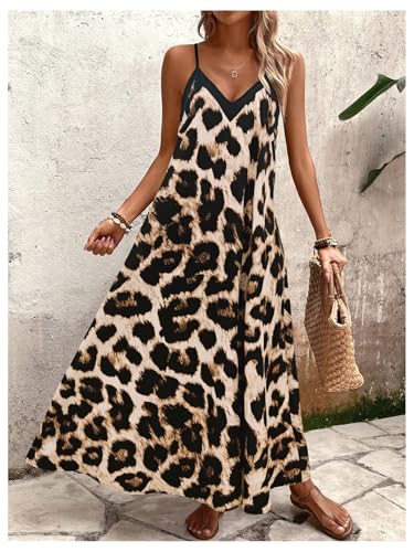Women's Leopard Print Maxi Dress V Neck Spaghetti Strap Flowy Long Vacation Summer Dresses