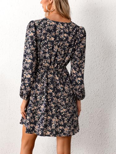 Women Floral Ruffle Summer Dress Surplice V Neck Long Peasant Sleeve Elastic Waist Flowy Casual Holiday Mini Dress