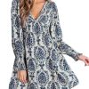 Women's Mini Dress Smocked V Neck Long Sleeve Empire Waist Casual A Line Dress